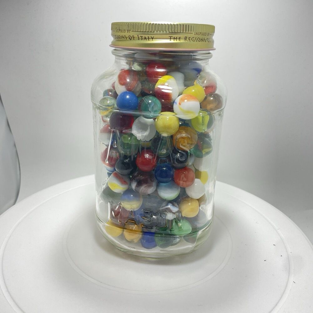 Vtg Glass Marbles Lot in Atlas Mason Jar Mixed Colors Swirls Bulk Common #04
